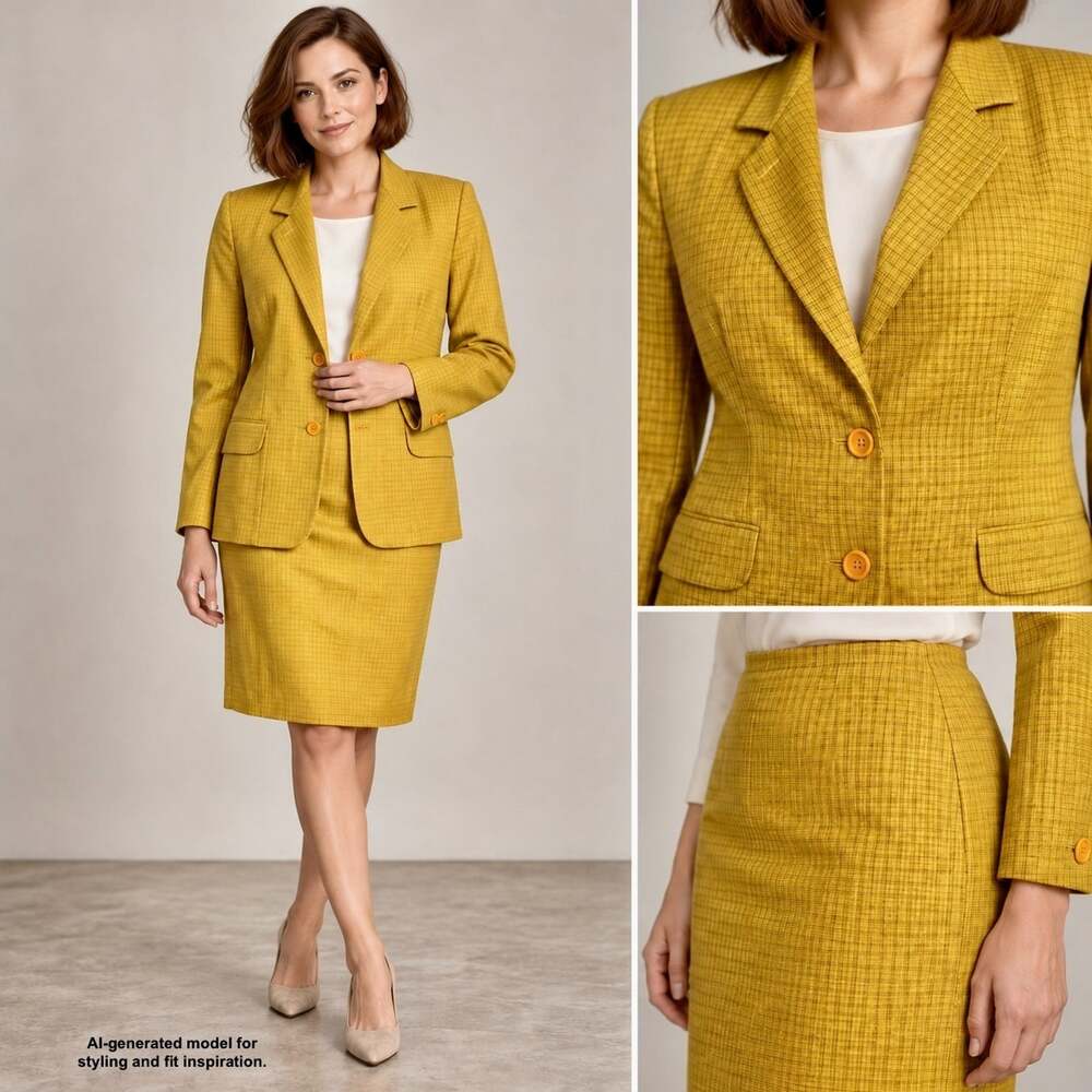 Vintage 90s Gerani Italian Skirt Suit M Wool Mustard Yellow Plaid Power Suiting